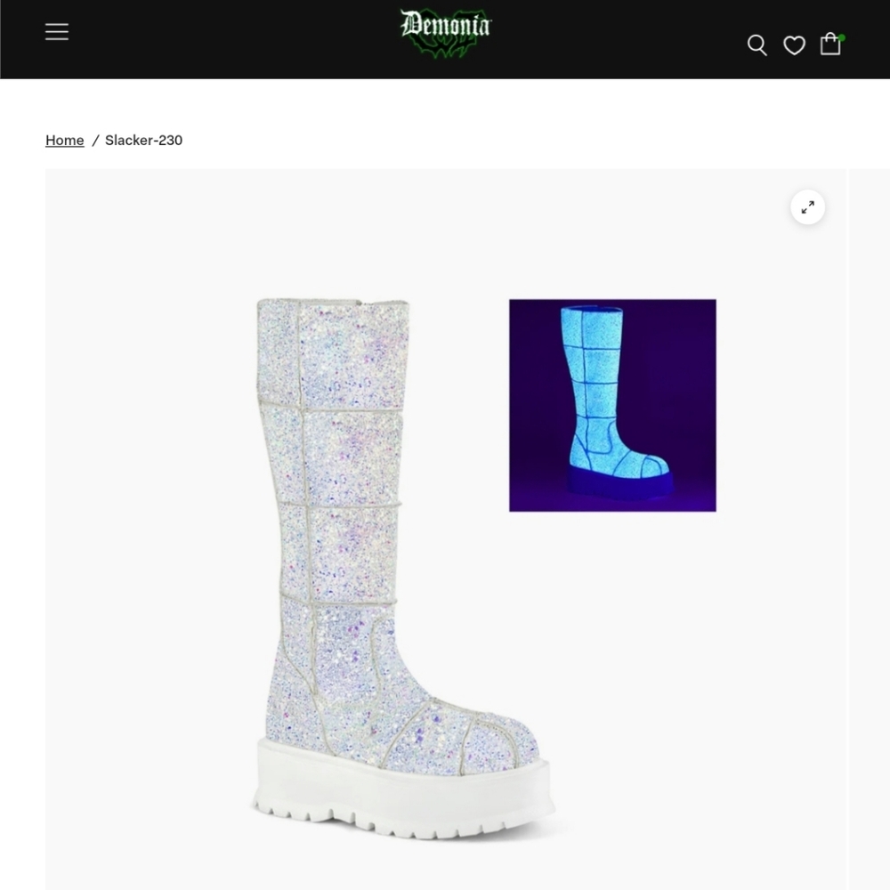 Demonia Slacker-320 White Glitter UV-Reactive Knee-High Platform Boots